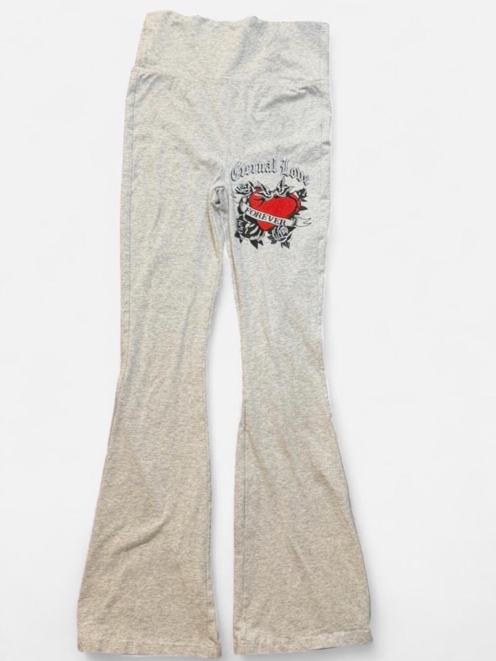 Y2K Eternal Love Flare Sweatpants Grey Rhinestone Heart Graphic